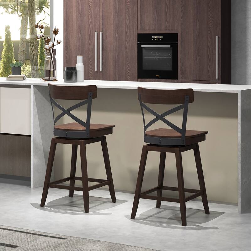 Gymax Set of 2 Wooden Swivel Bar Stools Counter Height Kitchen Chairs