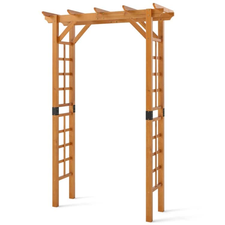 Orange Fir Wood and Metal Garden Arch with Trellises Plant Support - 55" x 24" x 85"