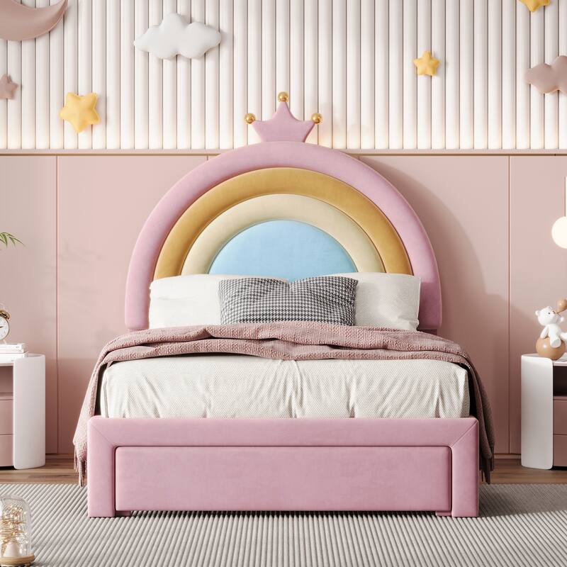 Twin/Full Size Upholstered Rainbow Design Bed, Velvet Princess Platform Bed with Storage Drawer - Twin