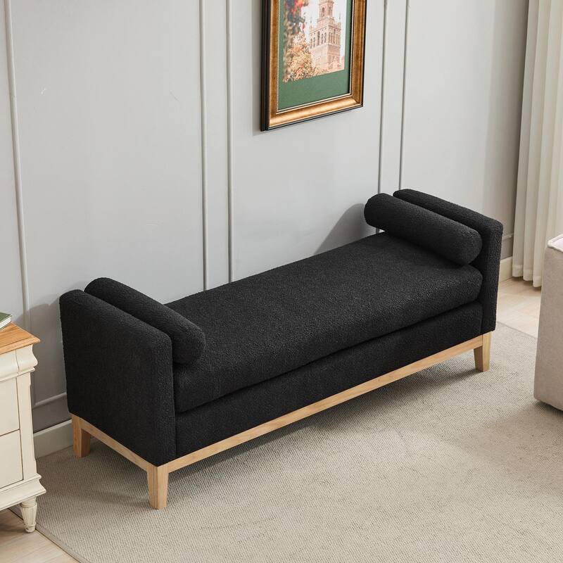 ​66" Upholstered Storage Bench - PU with Bolster Pillows - Black Boucle+Wood Legs