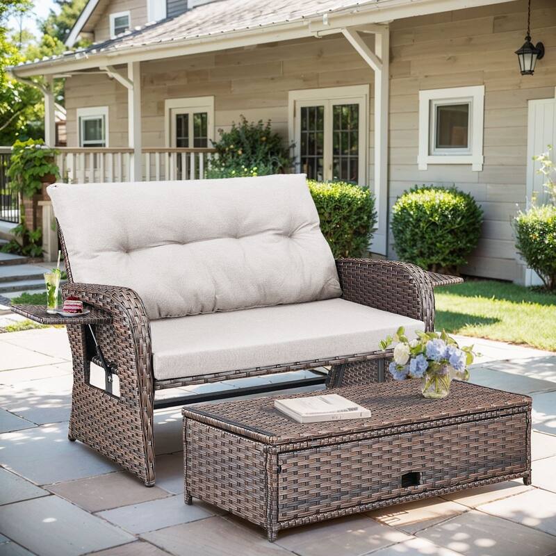 Gymojoy Adjustable Outdoor Wicker Daybed Patio Sofa Bed, 5-Position with Storage Ottoman