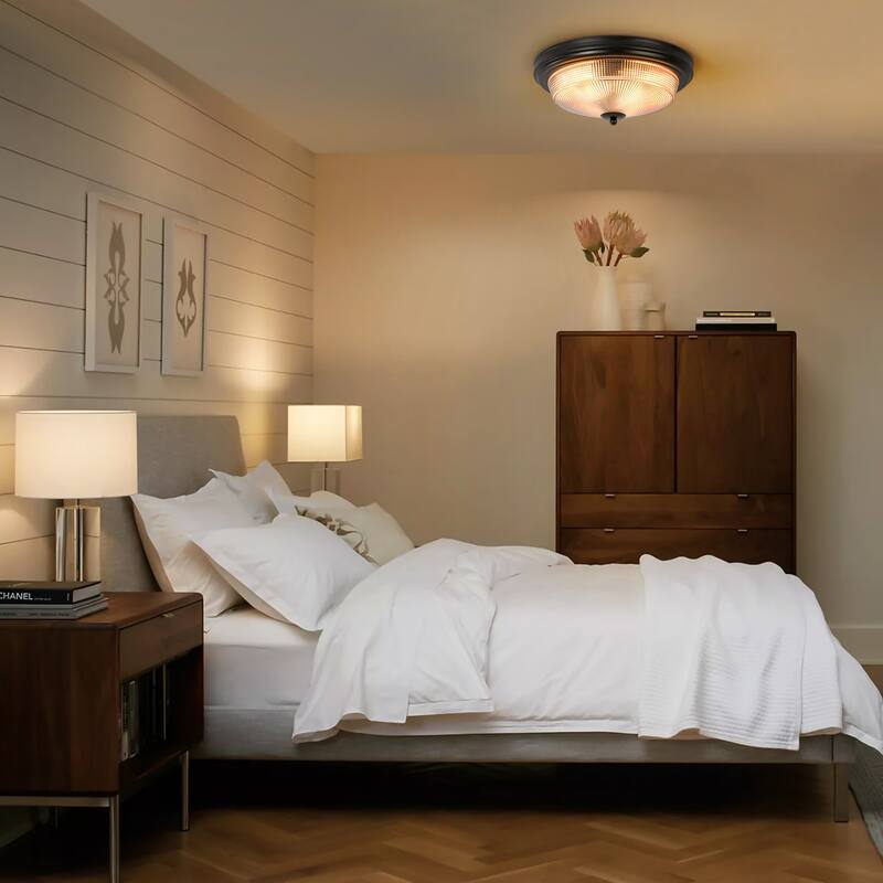 2-Light Modern Vintage Black Cone Textured Prismatic Glass Flush Mount Light - 14.5 in. W x 6.6 in. H