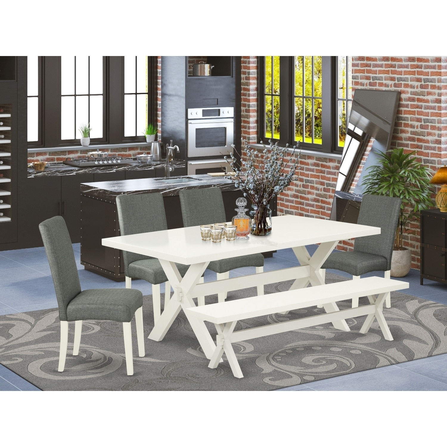 Modern 6-Piece Dining Set - Wood Table, Bench, & 4 Linen Fabric Chairs