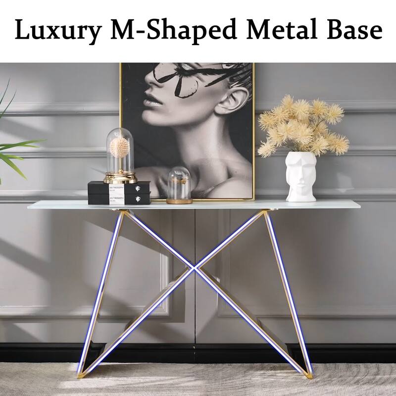 55 inch Rectangle White Glass Console Table with Mirrored M-Shaped Base