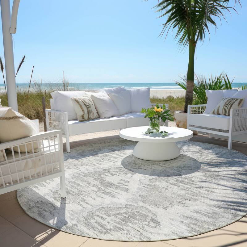 Machine Washable Indoor/ Outdoor Chantille Contemporary Abstract Rug - Ivory - 8' x 8'