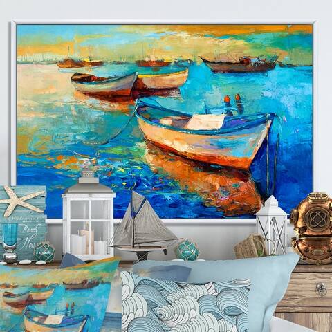 Designart "Boats In Sea Painting" Nautical & Coastal Framed Canvas Wall Decor