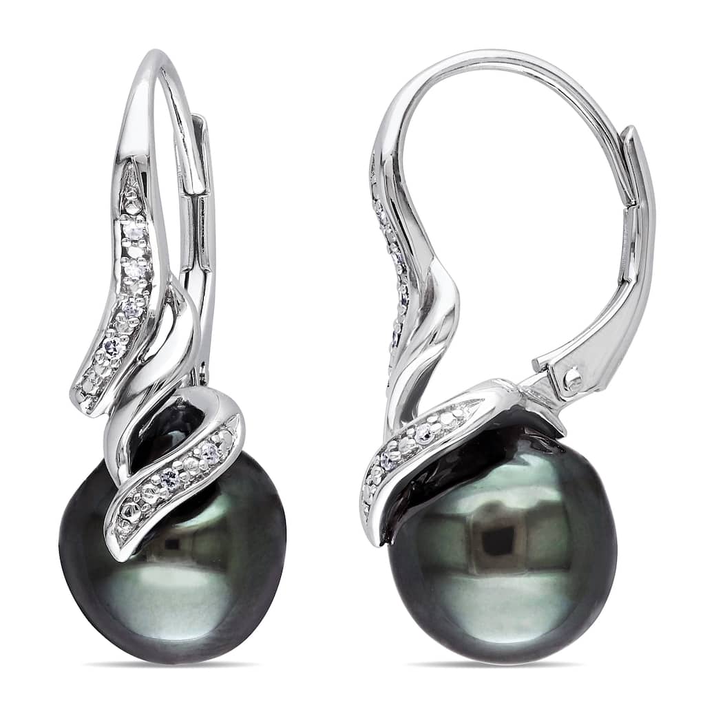 Miadora Sterling Silver Tahitian Pearl and Diamond Accent Drop Leverback Earrings (9 - 9.5mm) - 26.4 mm x 9.7 mm x 13.5 mm