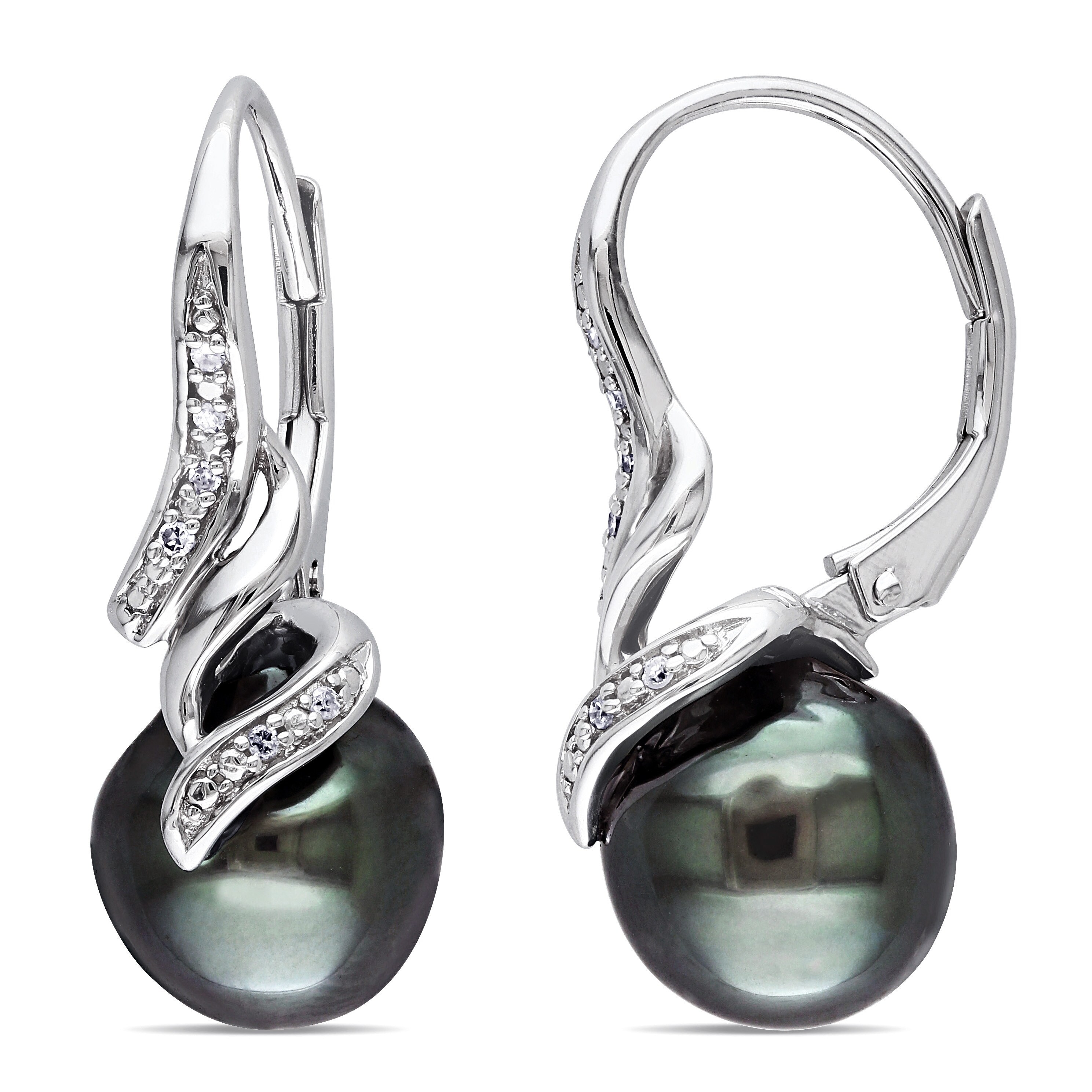 Miadora Sterling Silver Tahitian Pearl Diamond Accent Leverback Earrings - 26.4 mm x 9.7 mm x 13.5 mm