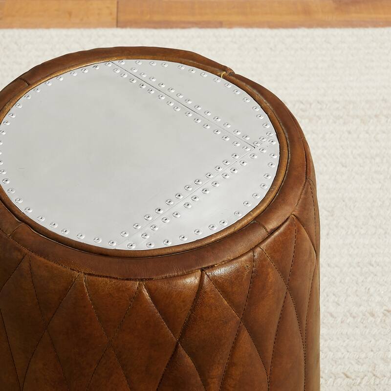 Art Leon Industrial Aluminum and Genuine Leather Ottoman Stool