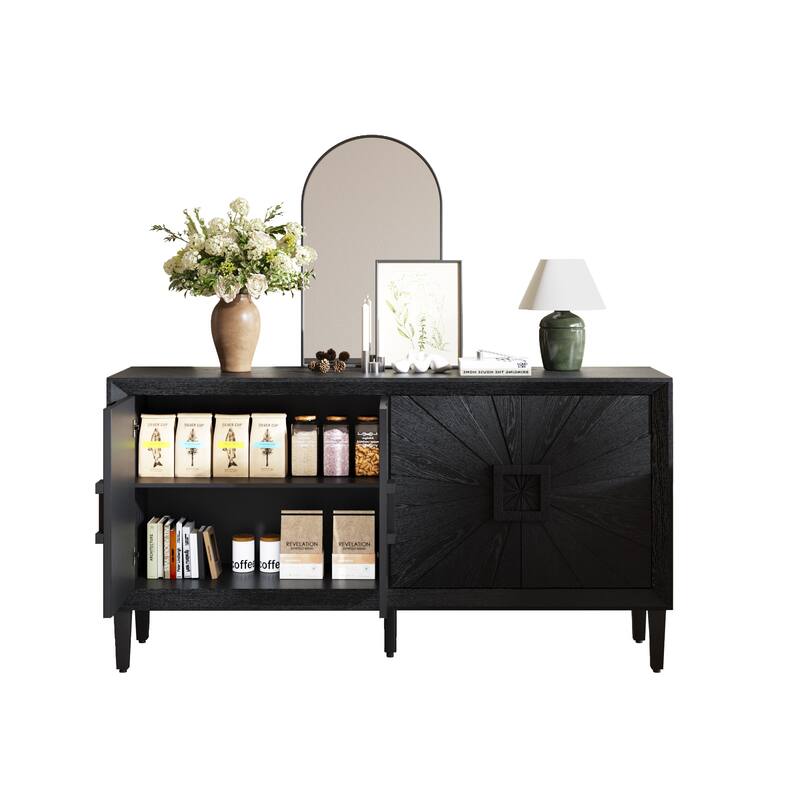 GDFStudio - 60" Rustic Farmhouse Credenza, Sunburst Doors, Heavy-Duty TV Stand with Adjustable Shelves