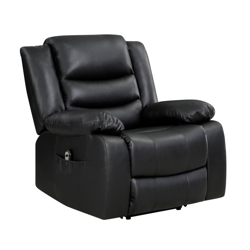 Carry 39 Inch Power Lift Recliner Chair, Black Faux Leather, Solid Wood