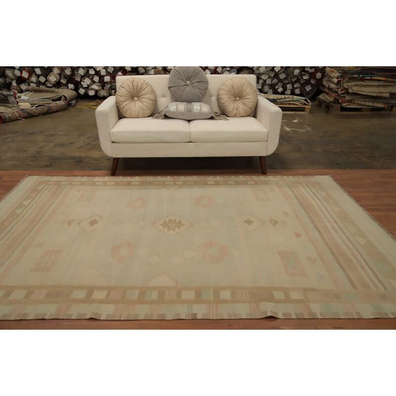 Hand Woven Oriental 100% Wool Carpet Southwestern Tribal Green Kilim Area Rug - 9' 3'' X 6' 0''