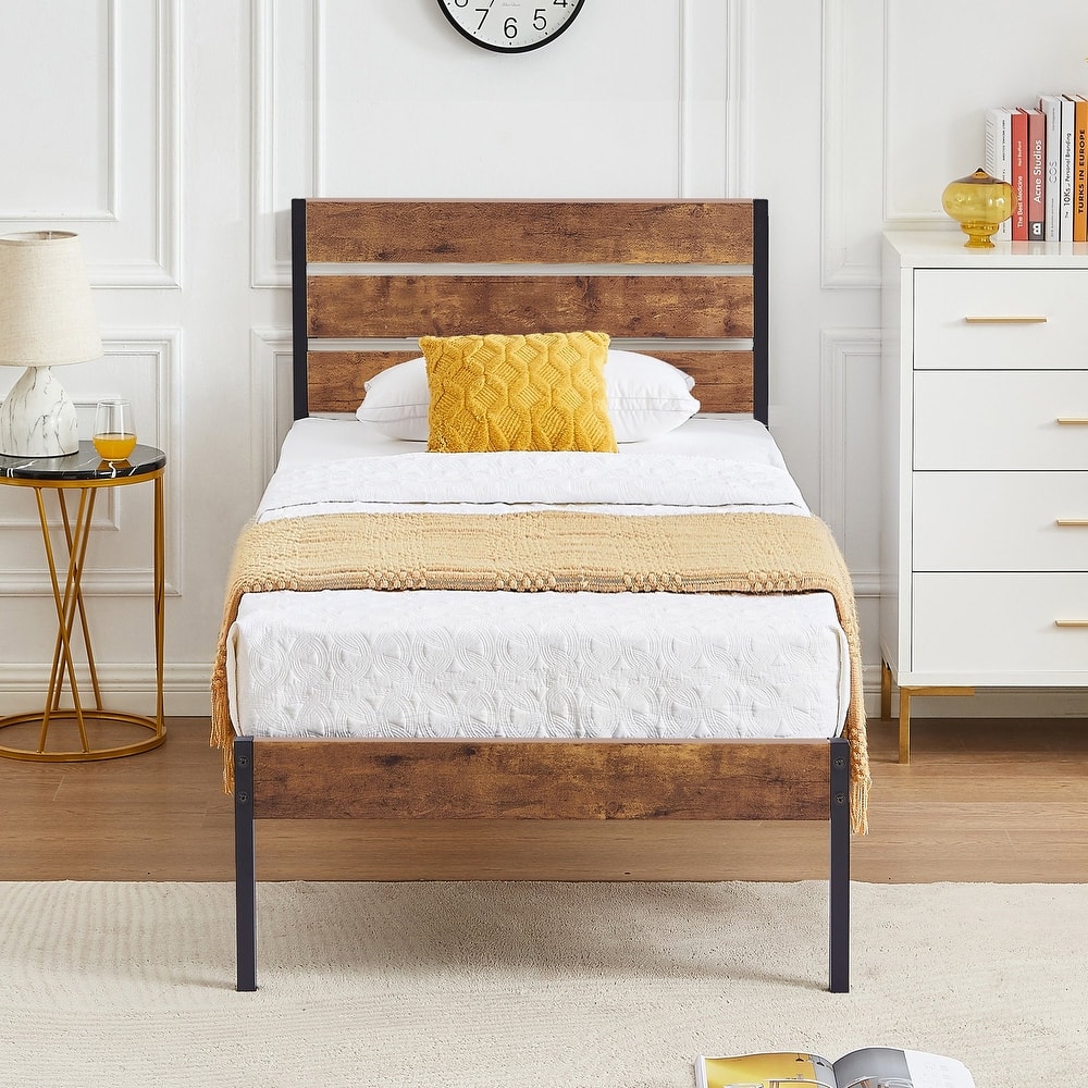 VECELO Industrial Wood Waterproof Headboard Bed Frame Quiet Heavy-Duty No Box Spring Needed Easy Assembly Bed Frame