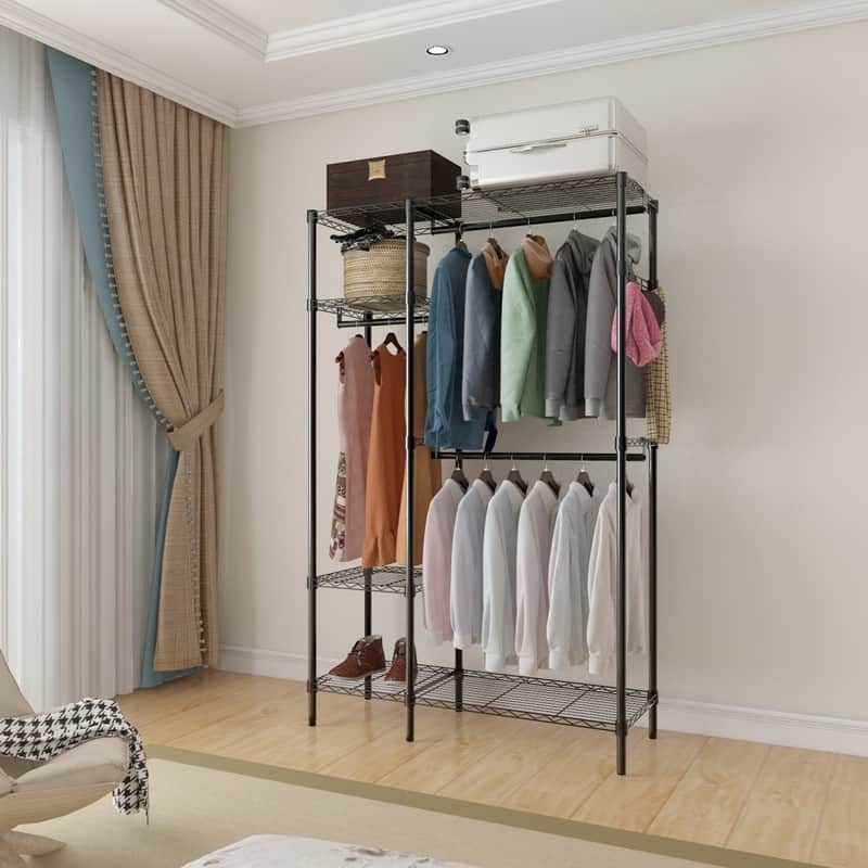 Closet Organizer Metal Garment Rack Portable Shelf Black - Black
