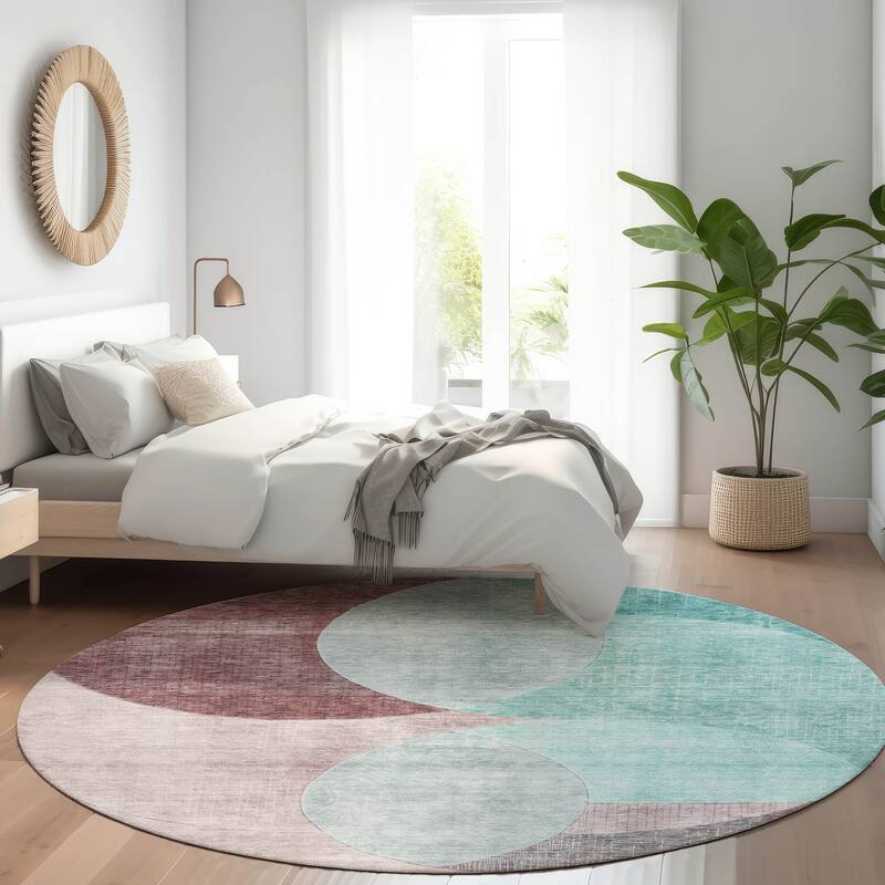 Machine Washable Indoor/ Outdoor Contemporary Deco Chantille Rug - Teal - 8' x 8'