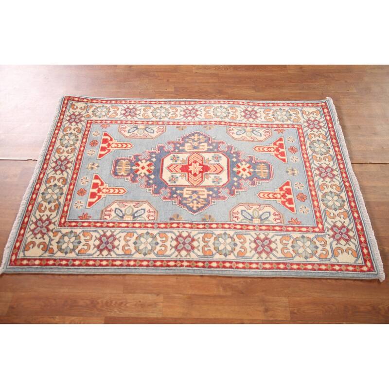 Light Blue Geometric Kazak Oriental Rug Handmade Wool Carpet - 3'2"x 4'8"