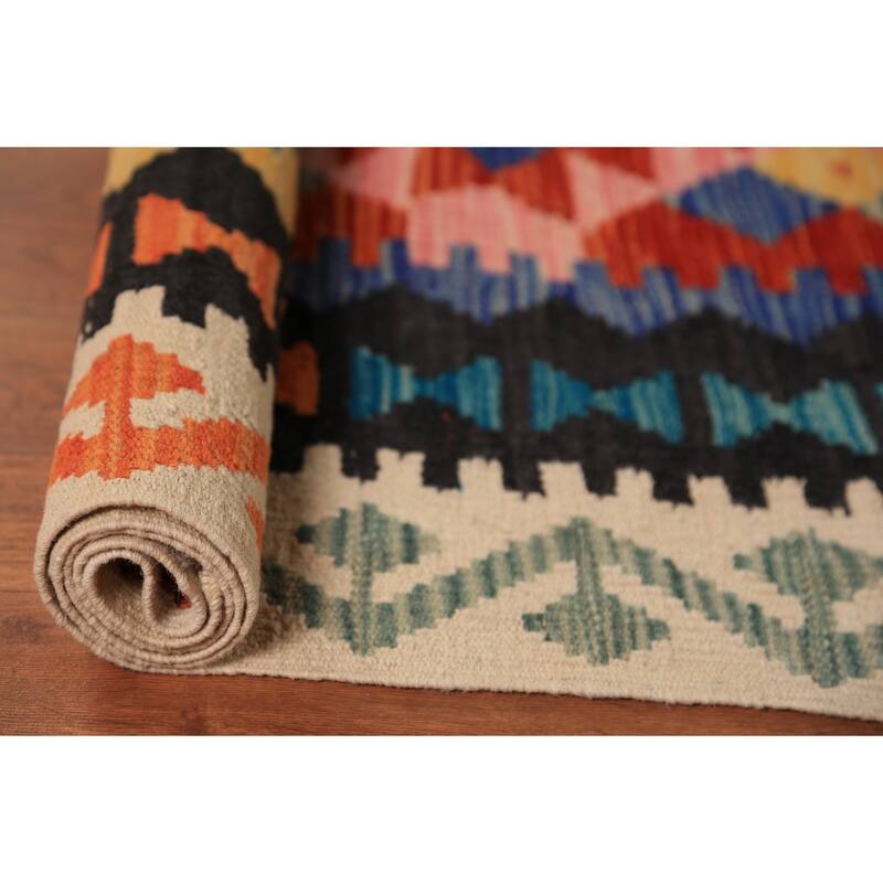 Geometric Kilim Oriental Area Rug Hand-Woven Tribal Orange Wool Carpet - 10'1"x 12'11"