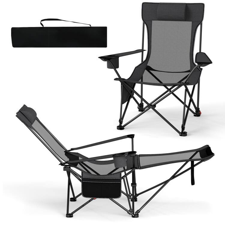 Grey Oxford Mesh Metal Reclining Camping Chair with Footrest and Cup