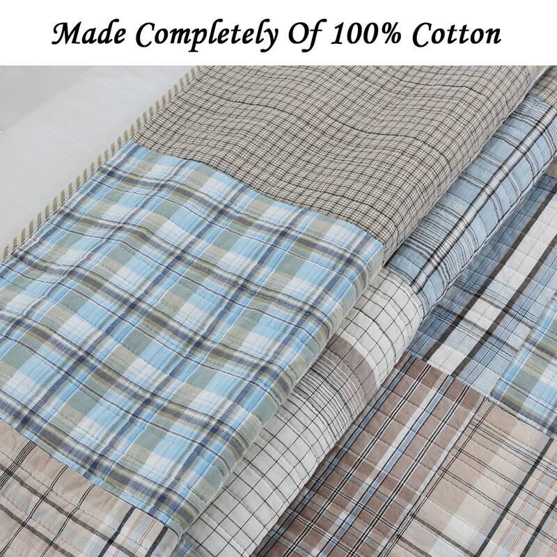 Cozy Line Hank Blue Patchwork 3-piece Reversible Cotton Quilt Bedding Set