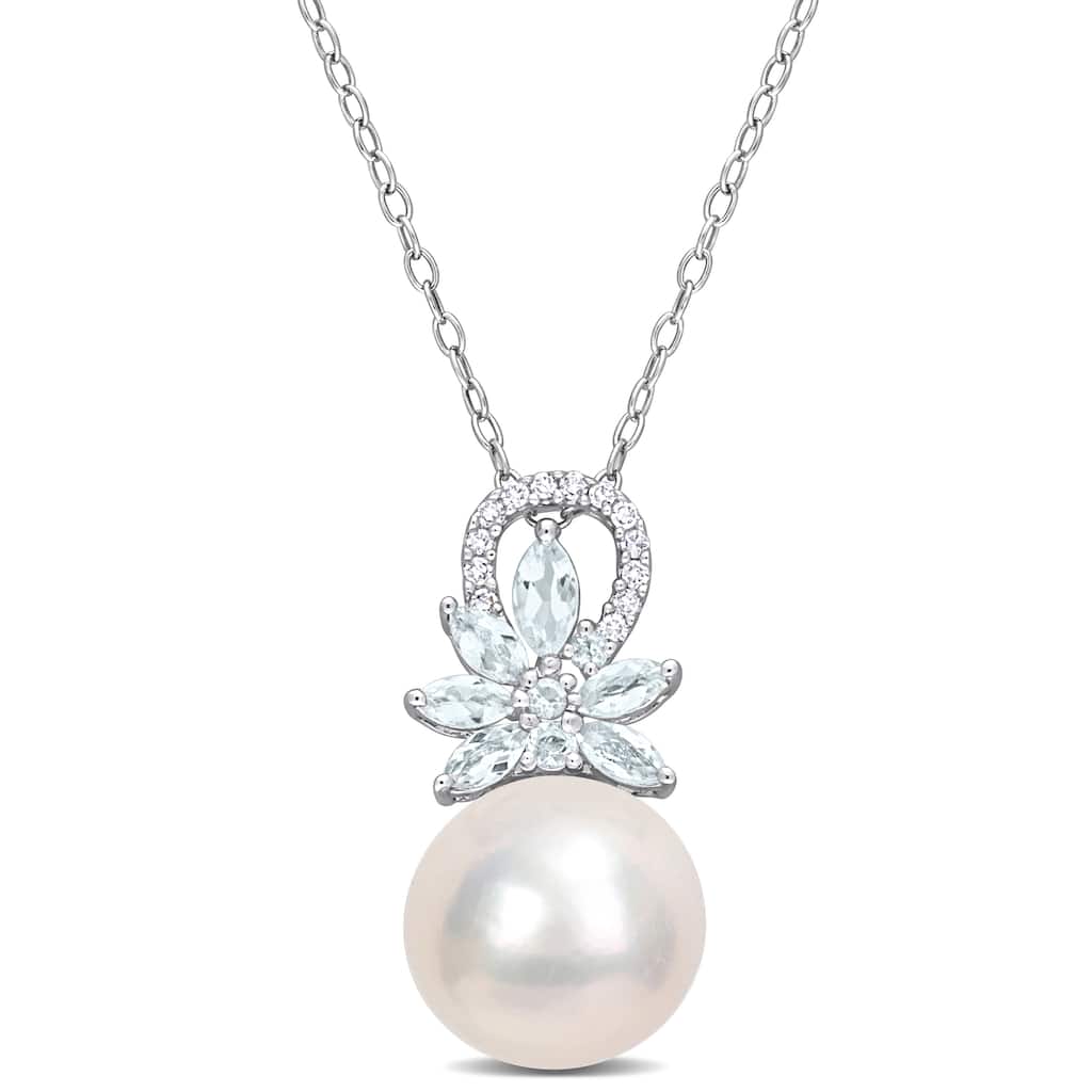 Miadora 11-12mm Cultured Freshwater Pearl 5/8ct TGW Aquamarine & Diamond Accent Flower Necklace - Sterling Silver