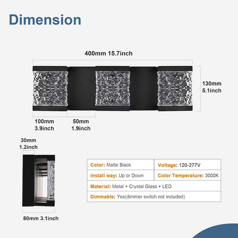 15" 3-Light LED Vanity Light with Crystal Glass