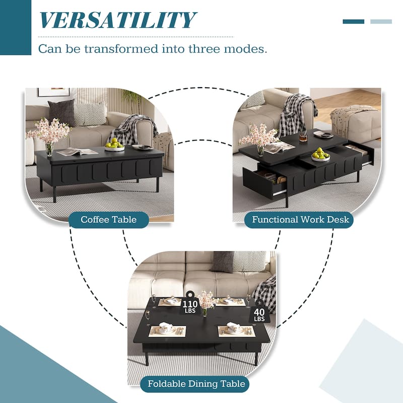 Roomfitters Lift-Top Coffee Table with 2 Drawers and Foldable Top, Hidden Storage Compartment, Adjustable Center Table