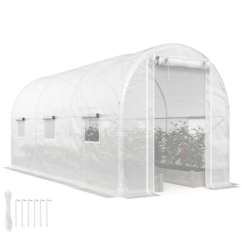 Outsunny 14.6'x6.5'x6.6' Hoop House Greenhouse , Walk-in Tunnel Greenhouse with PE Cover - Grow Tent