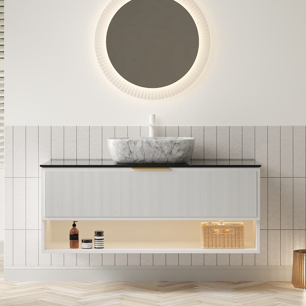 GDFStudio - Malone Modern Floating Bathroom Vanity with Pinstripe Drawers, Open Shelf & Marble Ceramic Basin, WITHOUT Faucet