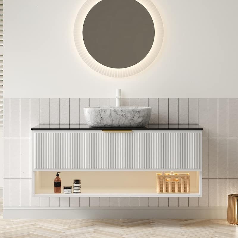 GDFStudio - Malone Modern Floating Bathroom Vanity with Pinstripe Drawers, Open Shelf & Marble Ceramic Basin, WITHOUT Faucet