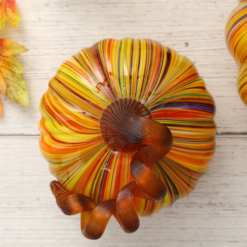 Glitzhome Fall Harvest Multi Striped Handblown Glass Pumpkins Thanksgiving Table Accent