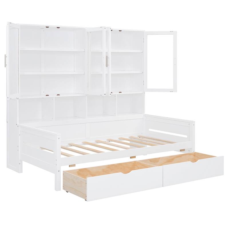 Twin Size Wooden Daybed with Glass-Door Storage Cabinets, Built-in LED Lighting and Shelves Bedrooms Compact Daybed