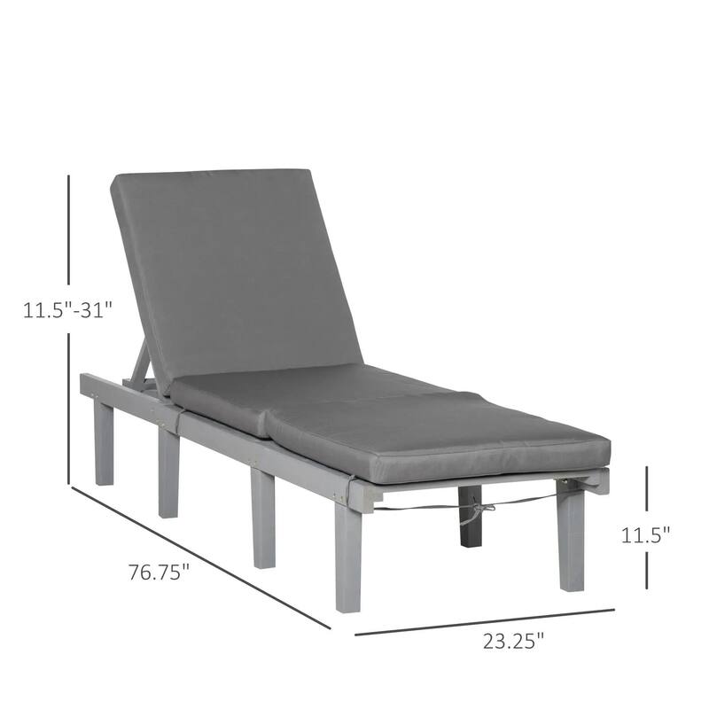 Wood Chaise Lounge, Outdoor Recliner, 4-Pos Adjustable with Cushioned