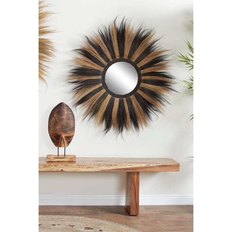 Brown Dried Plant Tribal Inspired Sunburst Grass Room Wall Mirror with Coiled Rope Center - 45 x 2 x 45Round