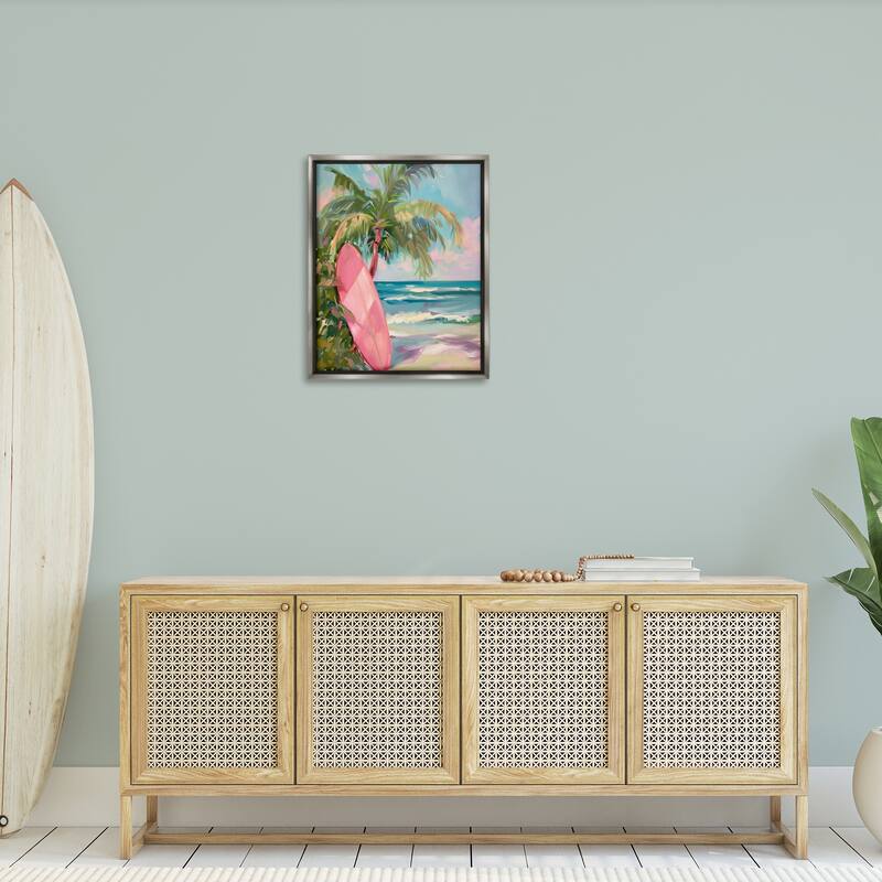 Stupell Pink Surfboard on Beach Framed Floater Canvas Wall Art Design By Arlington Prints
