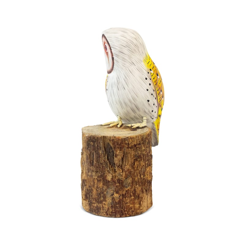Wooden Hand Carved Yellow Barn Owl Standing on Log Statue Bird Figurine Sculpture Art Home Decor Handcrafted Decoration Handmade