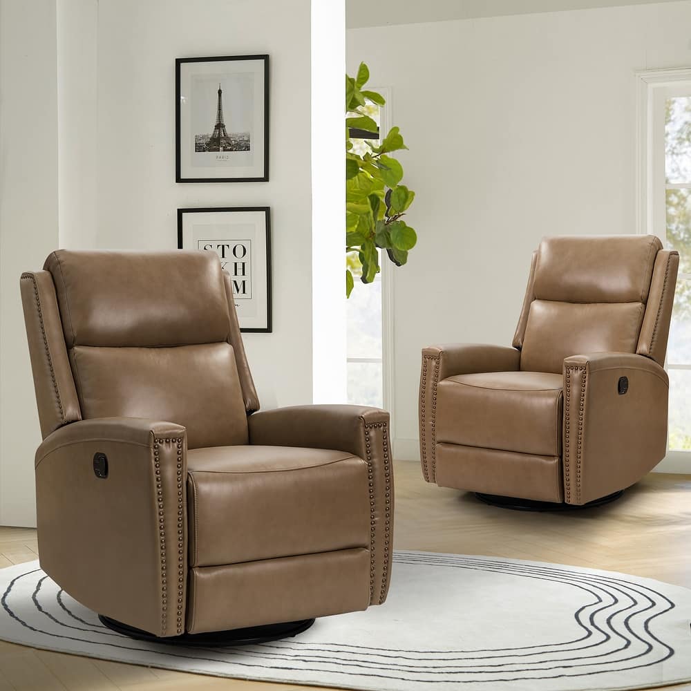 Fiacro 30.31"Wide Mid-Century Modern Genuine Leather Wingback Swivel Rocker Recliner with Nailhead Trims, Set of 2