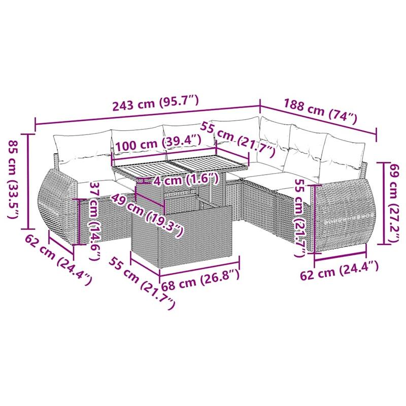 vidaXL Patio Sofa Set with Cushions Lounge Set Outdoor 7 Piece Poly Rattan