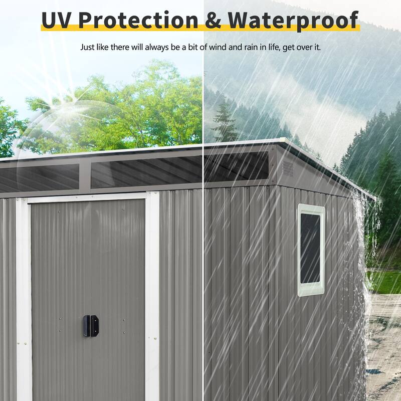 8ft x 6ft Gray Metal Storage Shed - Outdoor Garden Shed with Window, Transparent Panel and Lockable Sliding Door - 8 ft x 6 ft