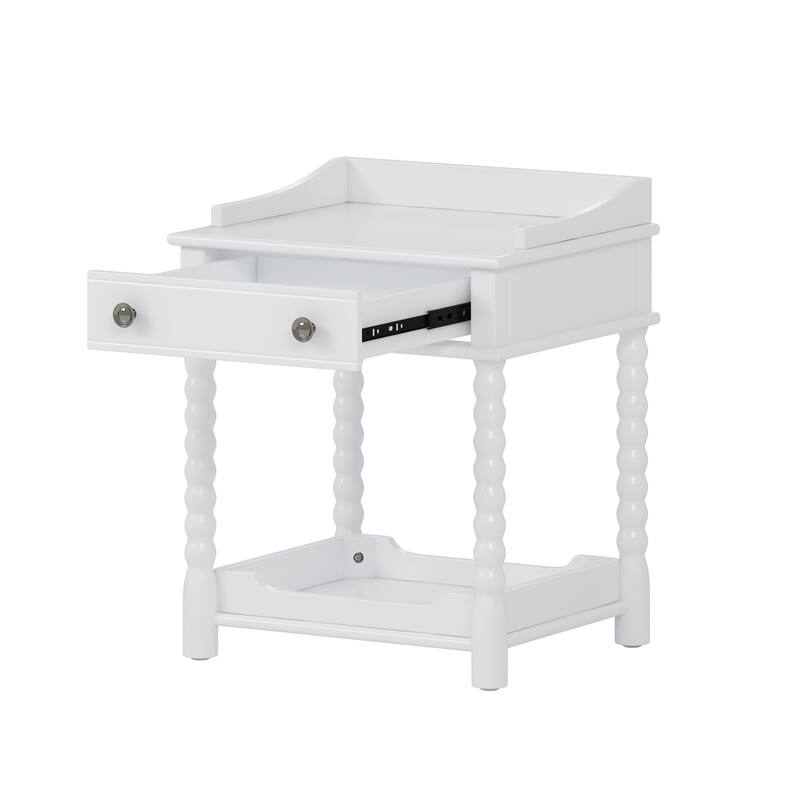 Nightstand with Drawer and Open Shelf for Bedroom, Bedside Table with Turned Legs and Metal Handle for Bedroom Small Room