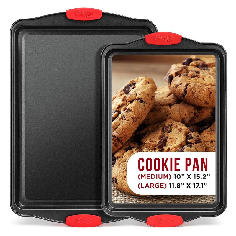 Nonstick Cookie Sheet Pan Carbon Steel with Red Silicone Handles - Medium & Large Piece