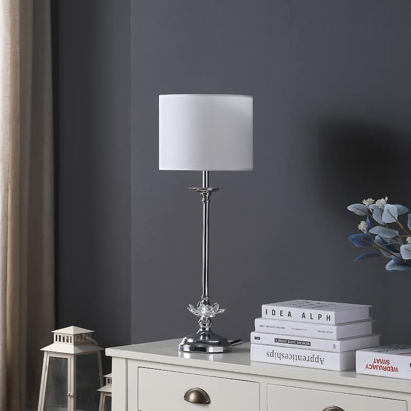 Silver Metal Candlestick Lamp with White Linen Shade and Faux Crystal Accent - 9.5” x 9.5” x 25.5” (D x W x H)
