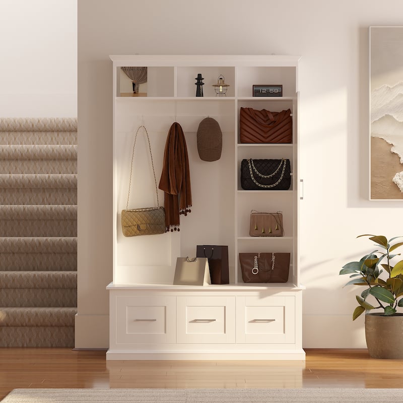 Modern White Hall Tree Entryway Storage Cabinet with Mirror and Drawers Entryway Bench - 47.2"X73.6"