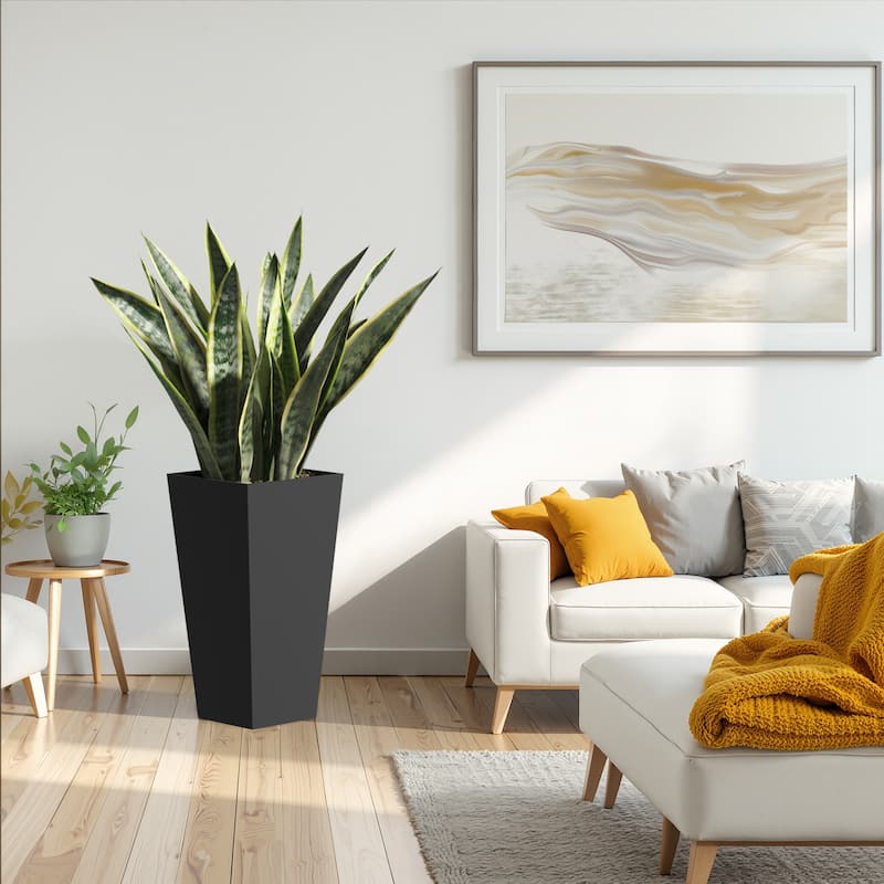 25" H Tall Metal Tapered - Large Outdoor & Indoor Garden Plant Pot with Drainage Hole and Rubber Plug, Stylish Burnished - Black
