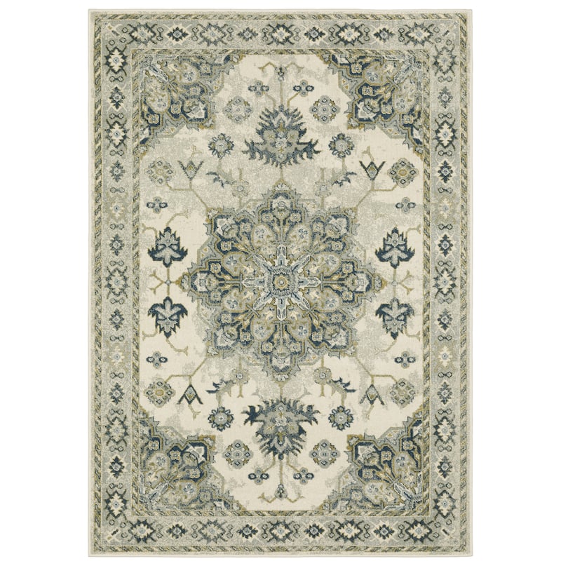 Bourges Ivory Blue Oriental Medallion Traditional Area Rug