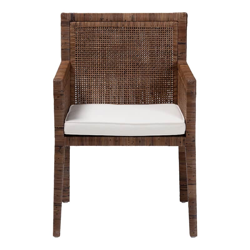 Karis Rattan Dining Chair - Handwoven Wicker Armchair with Mahogany Wood, Coastal Boho Style Indoor Seating