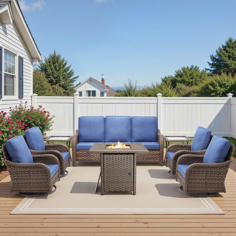 Pocassy Patio Funiture Sofa Swivel Chair Ottoman with Fire Table Set - Blue Cushion - Brown Wicker - 8-Piece Sofa Swivel Chair with Fire Pit Table