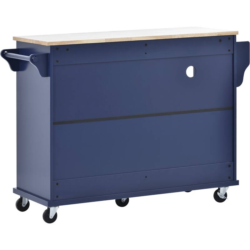 Kitchen Island with Solid Wood Desktop, Kitchen Island Cart on Locking Wheels, Rolling Island Cart with Cabinets & Drawers