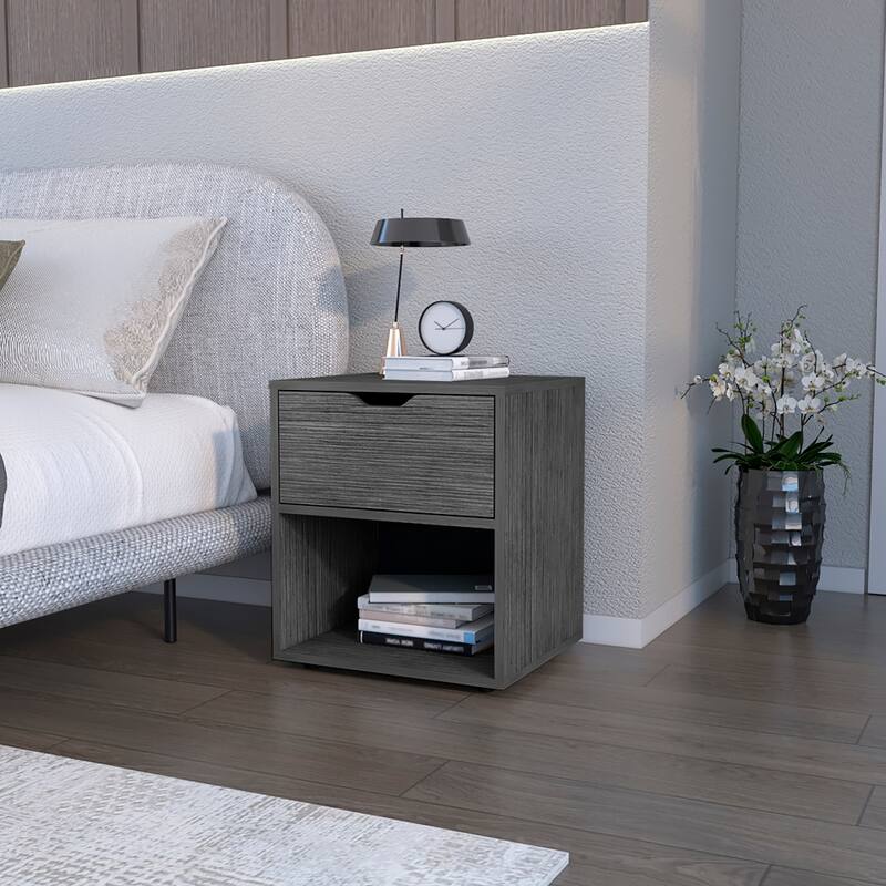 Sleek Light Gray Nightstand with Storage Shelf and Drawer