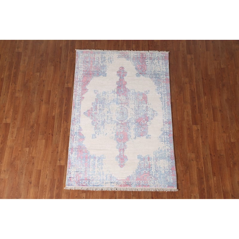 Striped Abstract Indian Accent Rug Handmade Wool Carpet - 3'11"x 5'10"