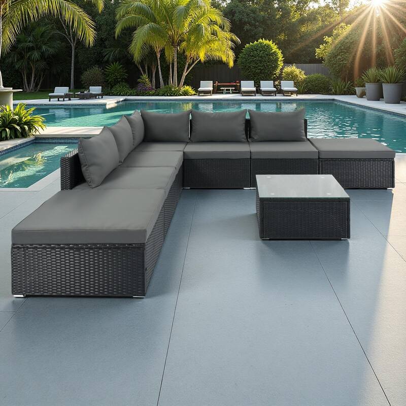 8-Pieces Outdoor Wicker Modular Sectional Sofa Set with Coffee Table, Free Combination - Gray